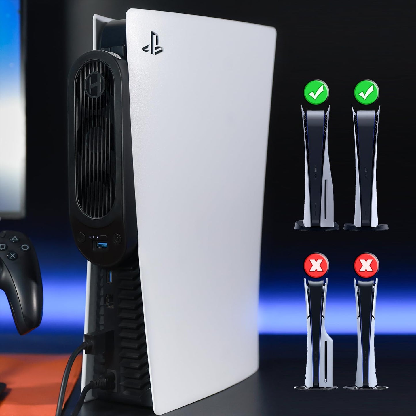 HZLucki PS5 Cooling Fan with 9 LED Lights, Auto Speed Control, USB 3.0, Black, Model HPR01 PRO-B, 1.5x8.1x