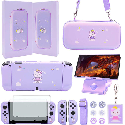 GUTIAL Accessories Bundle for Nintendo Switch OLED - Cute Kawaii NS OLED Accessories kit for Grils Boys Kids with Carrying Case  Cartoon Dockable Cover Case  Screen Protector  Stand - Purple