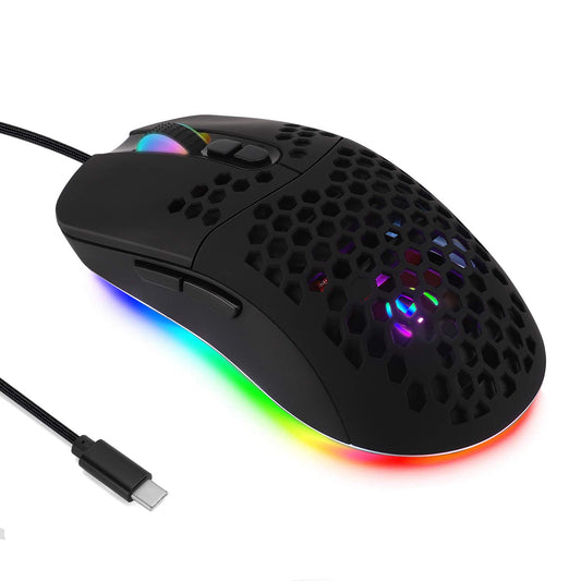 HXMJ Wired USB C Gaming Mouse, 7200 DPI, 5 RGB Lights, Lightweight Honeycomb Shell, Black, Model M02