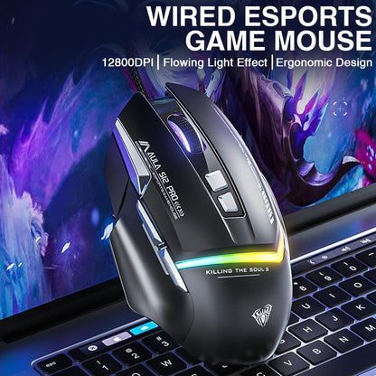AULA S12Pro Wired Gaming Mouse - 12800 DPI, RGB Backlit, 8 Programmable Buttons, Black