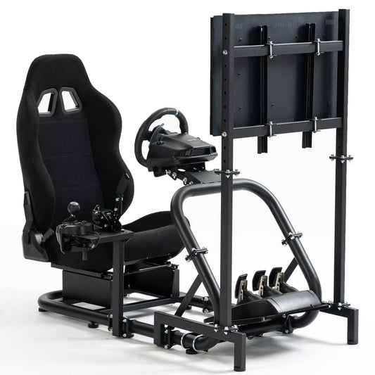 Supllueer Racing Sim Cockpit with Ergonomic Seat&Monitor Stand Fit for Logitech/Fanatec/Thrustmaster G27 G923 G920 50mm Large Round Tube Driving Simulator Stand  No Steering Wheel/Shift/Pedal/TV