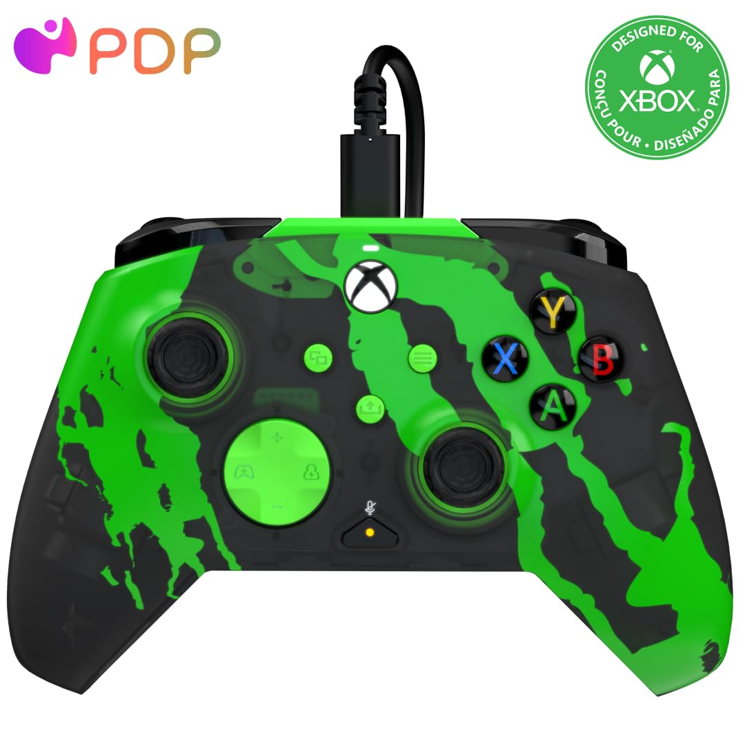 PDP Gaming REMATCH GLOW Enhanced Wired Gaming Controller: Licensed Gamepad for Xbox Series X|S  Xbox One  Windows PC  Mappable Back Buttons  Advanced Customizable App - Jolt Green (Glow in the Dark)