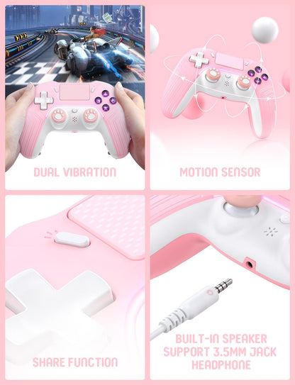 PHNIXGAM Pink Wireless Controller for PS4/PC/iOS/Android - FG02B, Touchpad, Motion Sensor, Speaker, Headphone Jack, LED, Back Button