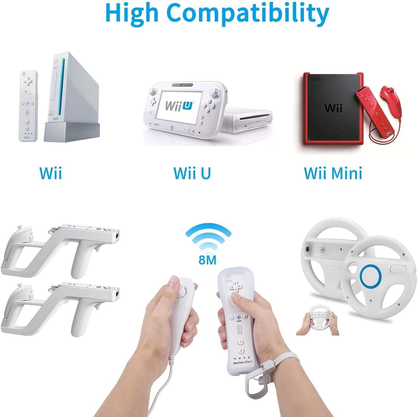 TechKen Wii Remote Controller Set - 2 Remotes with Motion Sensor Plus & 2 Nunchucks - Black & White