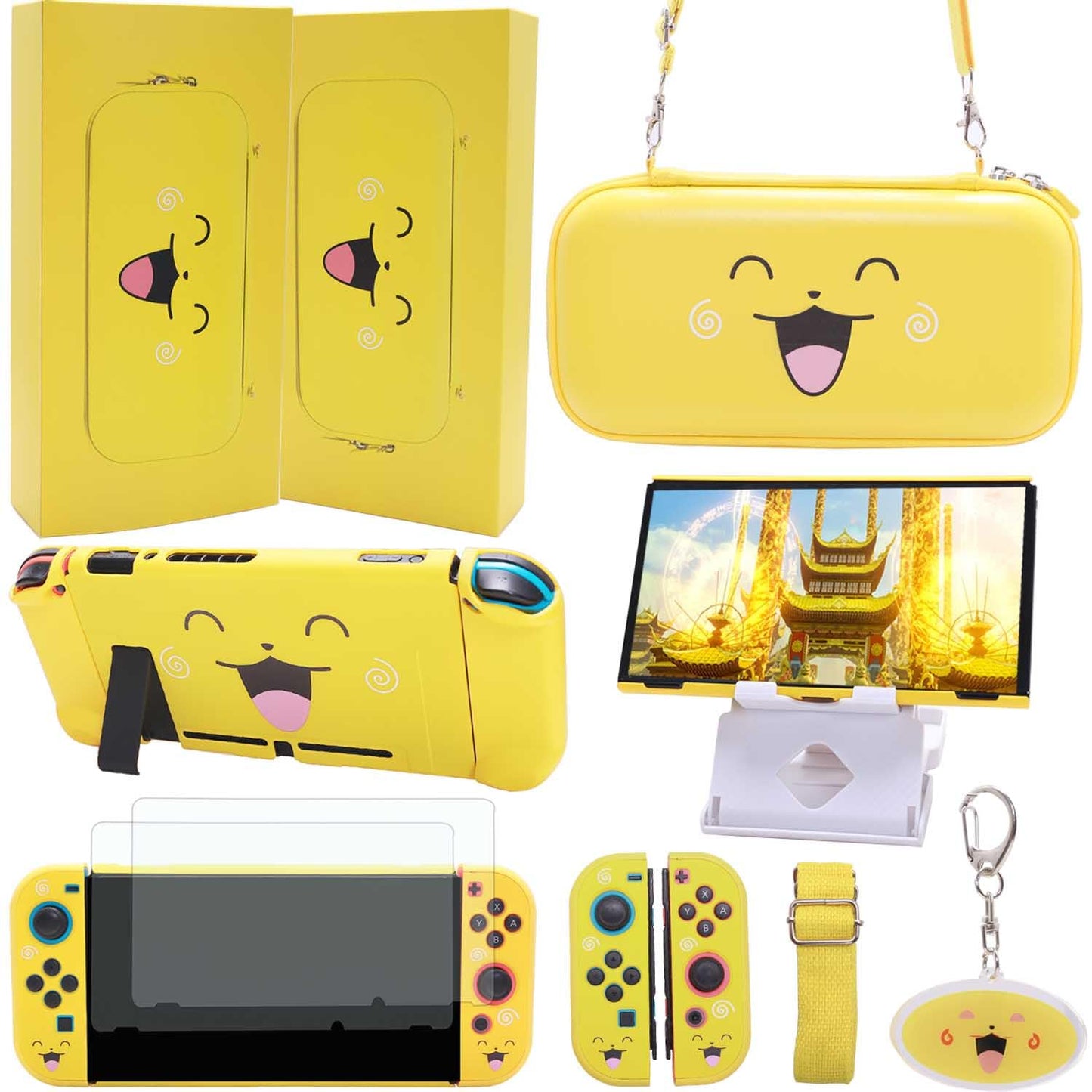 GUTIAL Accessories Bundle for Nintendo Switch - Cute Kawaii NS Accessories kit for Grils Boys Kids with Travel Carrying Case and Cartoon Dockable Cover Case  Screen Protector  Stand - Yellow