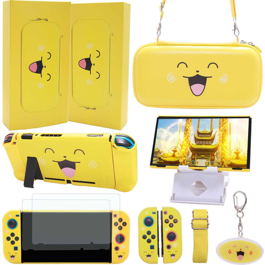 GUTIAL Accessories Bundle for Nintendo Switch - Cute Kawaii NS Accessories kit for Grils Boys Kids with Travel Carrying Case and Cartoon Dockable Cover Case  Screen Protector  Stand - Yellow