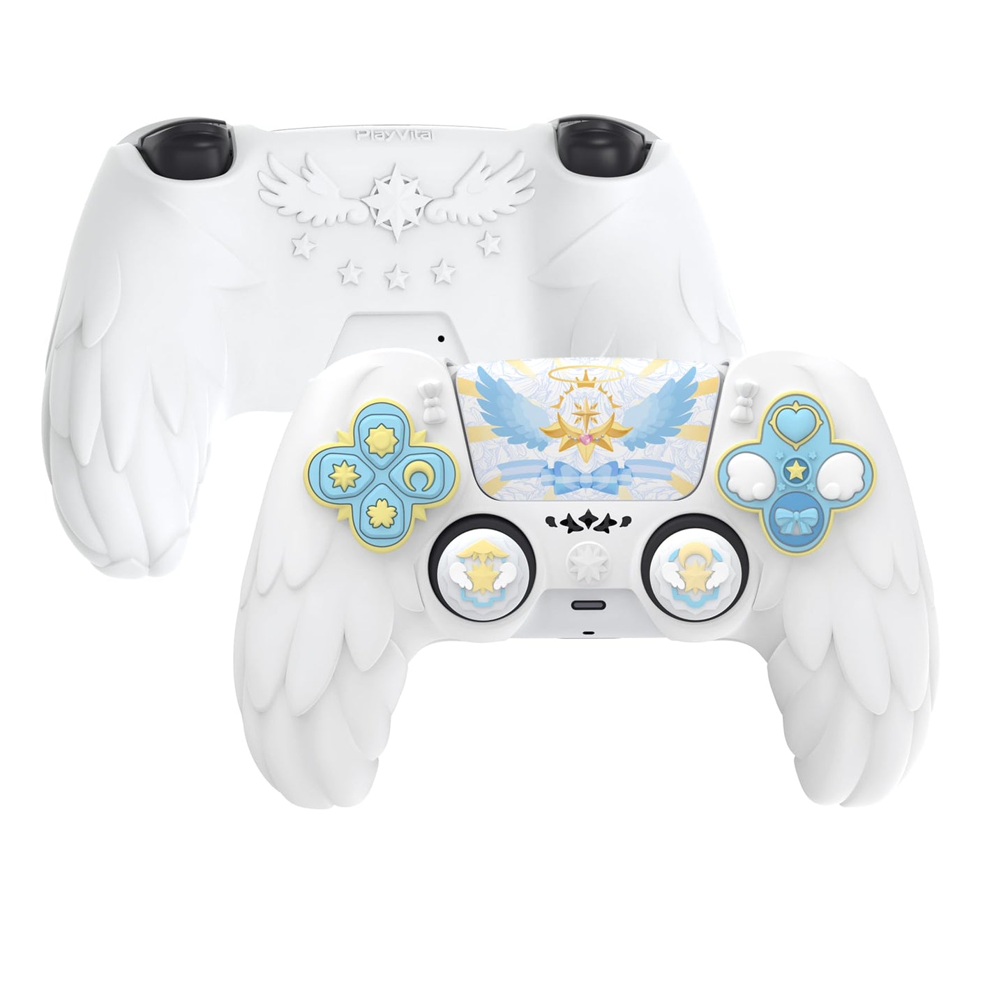PlayVital Magic Wings Protective Silicone Cover Skin for ps5 Controller - Soft Anti-Slip Grip Protector Case for ps5 Controller with Thumbstick Caps & Stickers  Charging Station Compatible - White