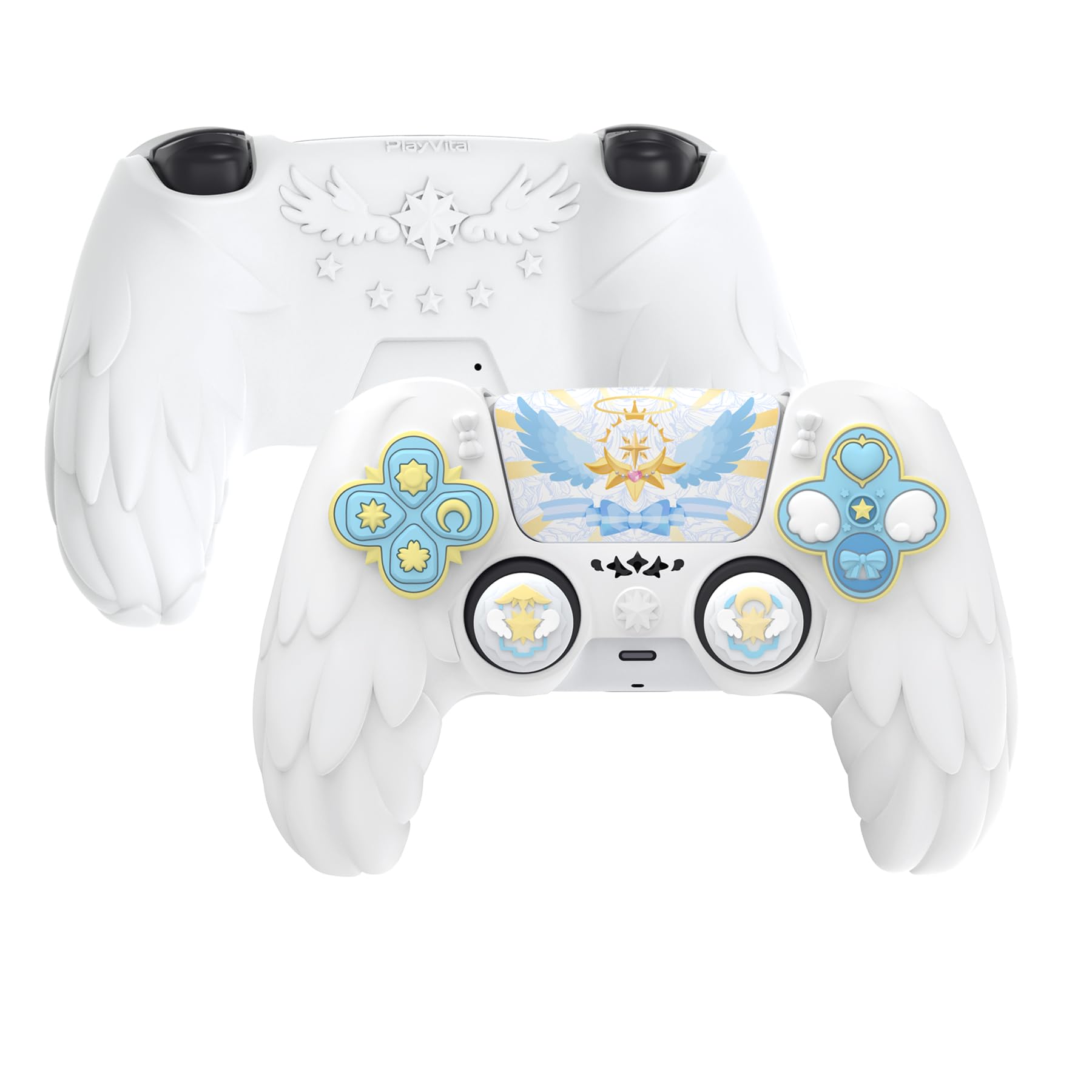 PlayVital Magic Wings Protective Silicone Cover Skin for ps5 Controller - Soft Anti-Slip Grip Protector Case for ps5 Controller with Thumbstick Caps & Stickers  Charging Station Compatible - White