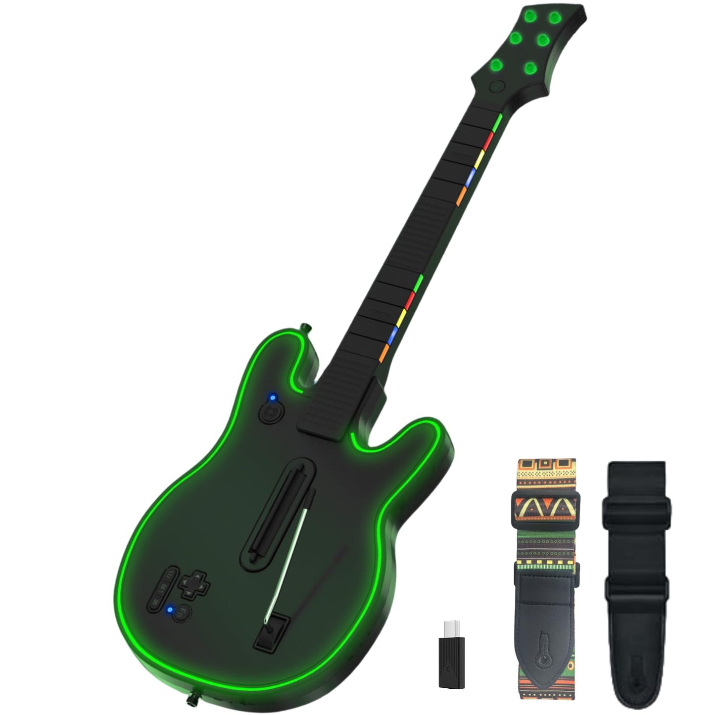 Lyvix Wireless Guitar Controller for PS4/PS3/PC - RGB Light & Colorful Strap - Black Colorful - Compatible with Guitar Hero & Rock Band
