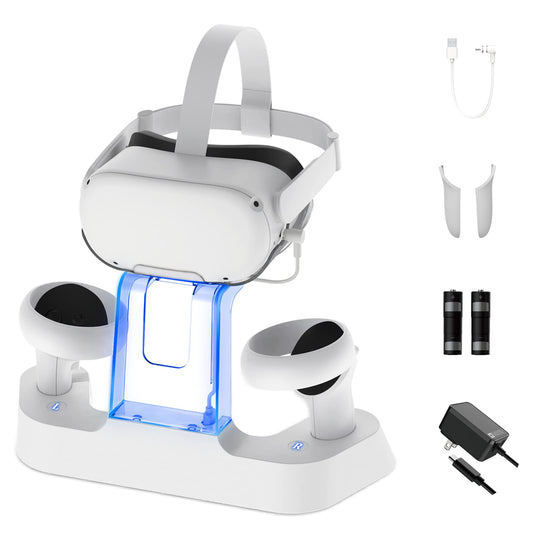 NexiGo Enhanced Charging Dock with LED Light for Oculus/Meta Quest 2  [Support Elite Strap with Battery]  Headset Display Stand and Controller Mount  2 Rechargeable Batteries  White