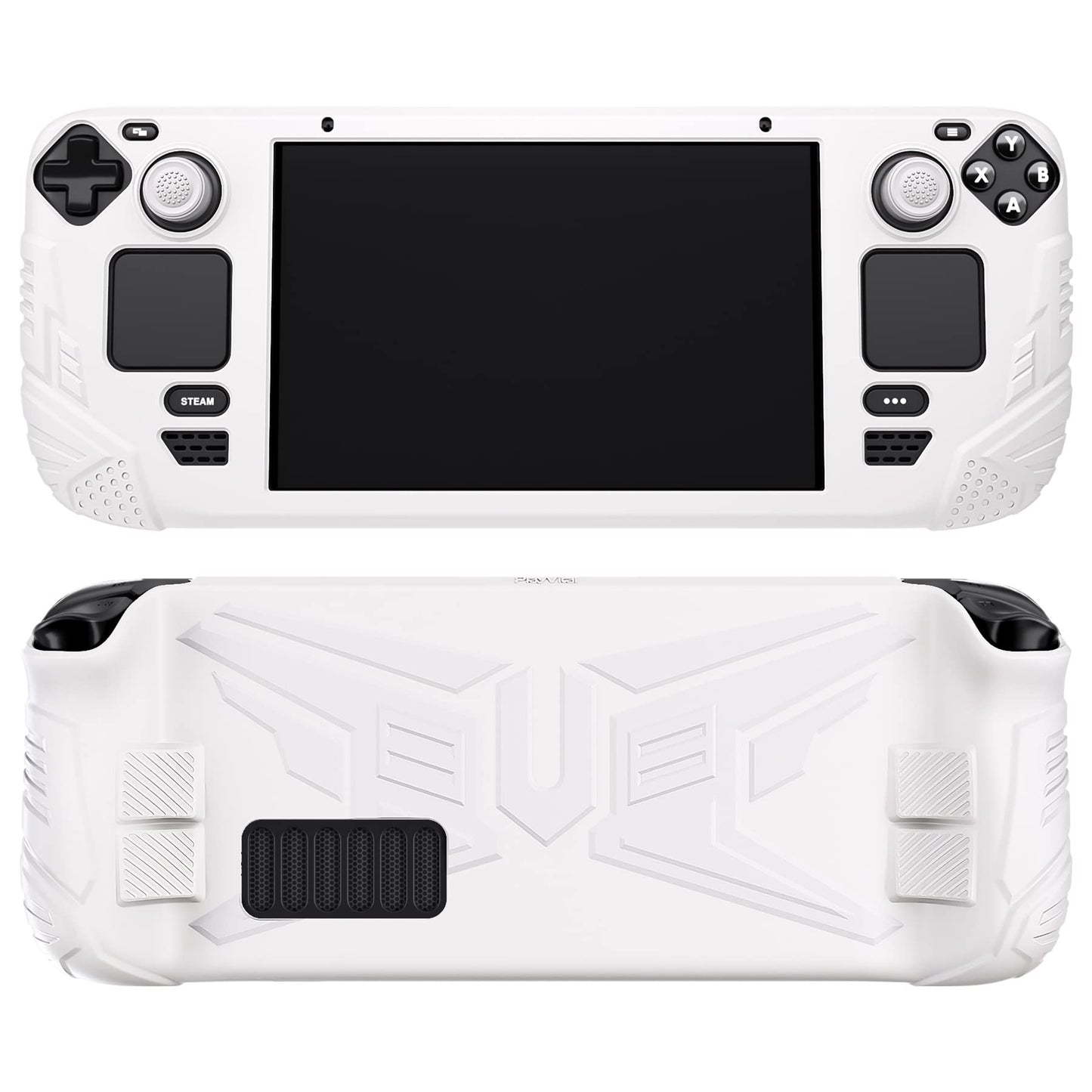 PlayVital Armor Series Ergonomic Case for Steam Deck LCD  Soft Cover Protective Silicone Protector with Back Button Enhancement Designed & Thumb Grips Caps for Steam Deck - White