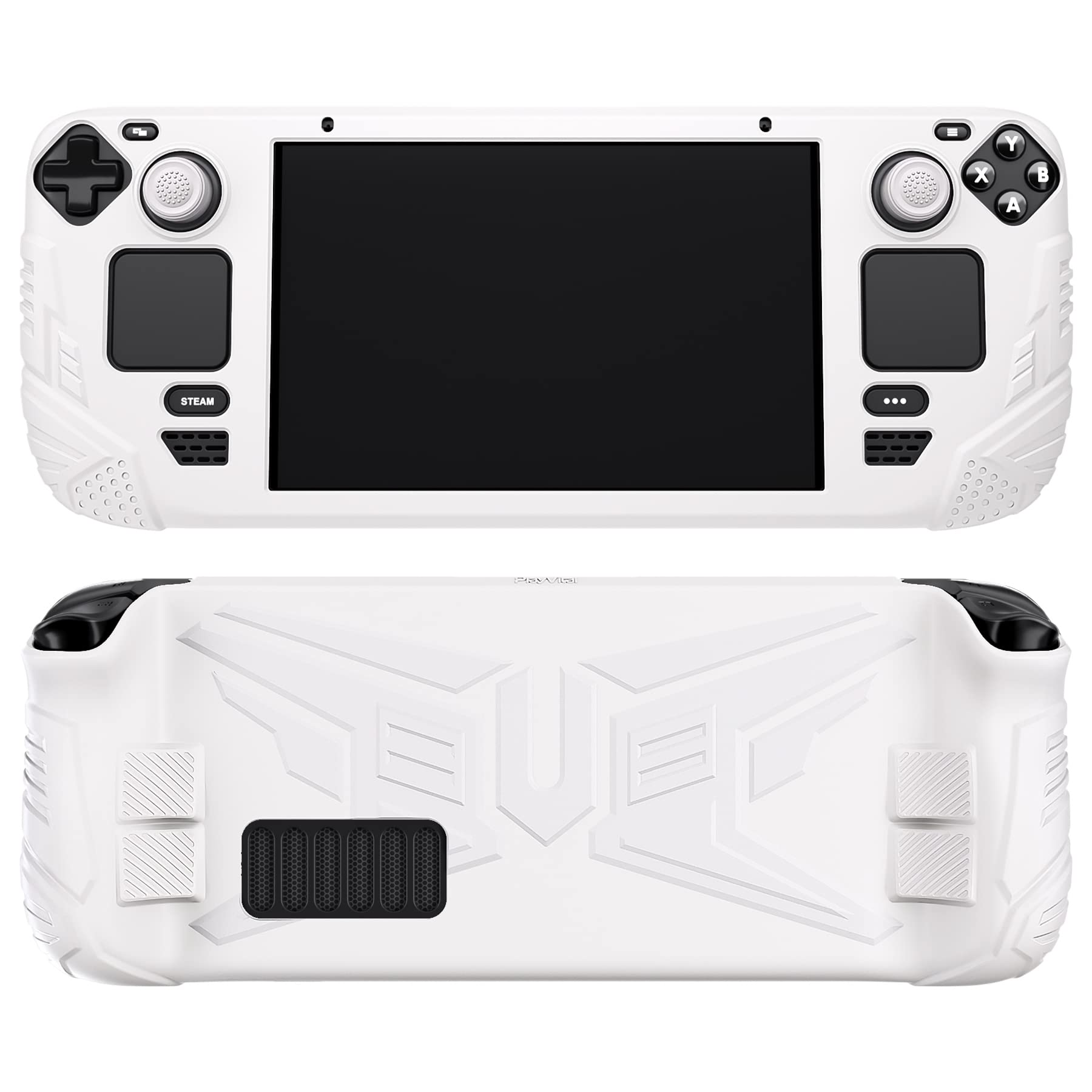 PlayVital Armor Series Ergonomic Case for Steam Deck LCD  Soft Cover Protective Silicone Protector with Back Button Enhancement Designed & Thumb Grips Caps for Steam Deck - White