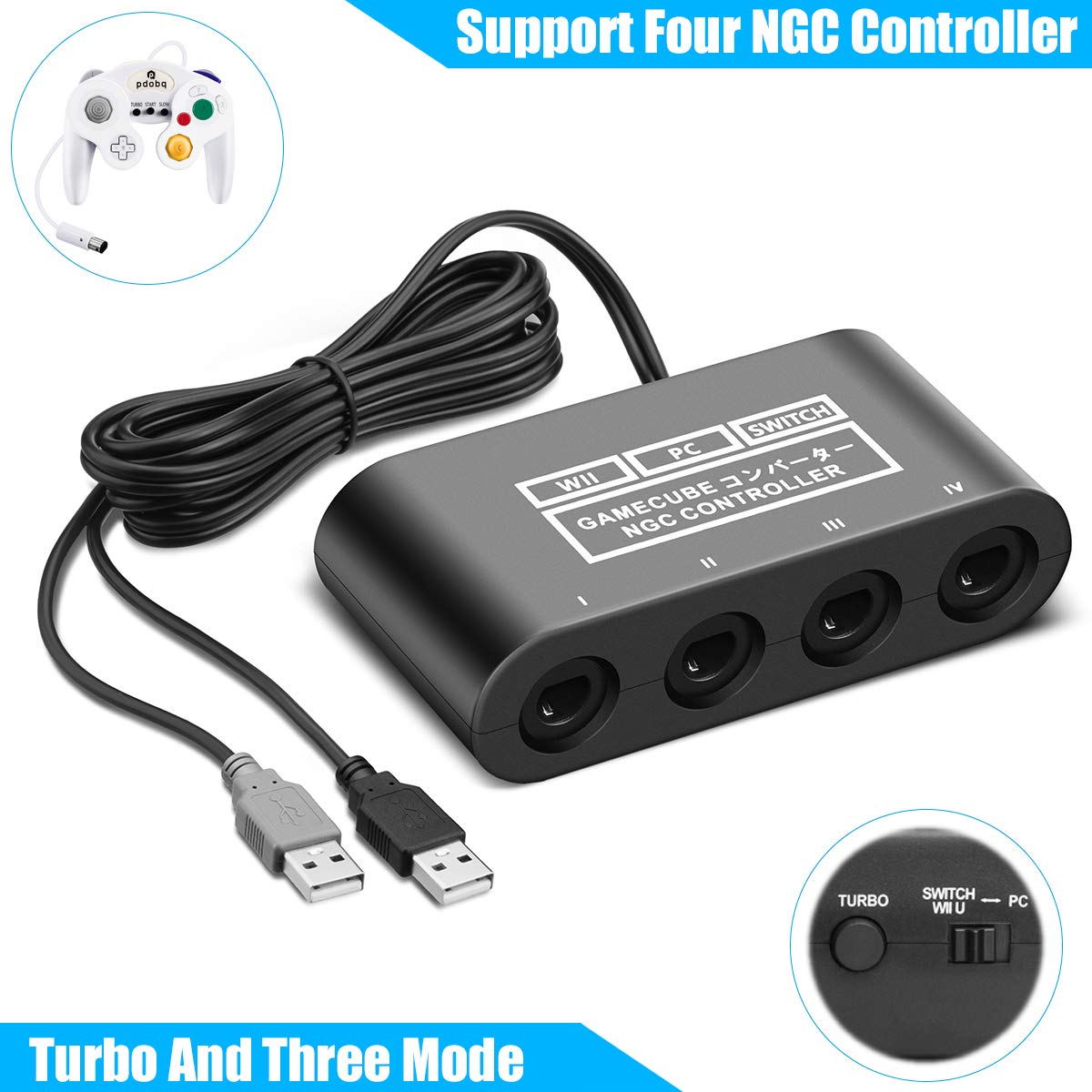 CLOUDREAM Gamecube Controller Adapter for Nintendo Switch/Wii U, Black, HS-WU025, Turbo & Vibration Support, 180cm USB Cable
