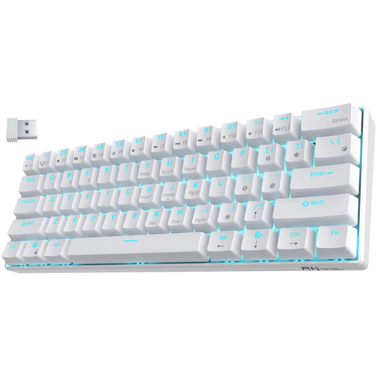 RK ROYAL KLUDGE RK61 Wireless 60% Mechanical Gaming Keyboard, Hot Swappable Blue Switch, Bluetooth, White