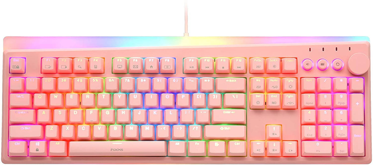 i-rocks K71M RGB Mechanical Gaming Keyboard with Media Control Knob  Gateron Switches (Red)  107 Keys w/Full NKRO  PBT Keycaps  Multimedia Hotkeys  Detachable USB-C Cable and Onboard Storage  Pink