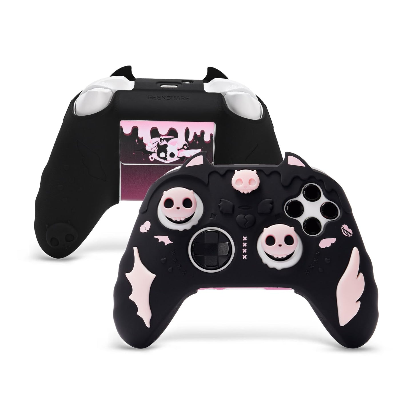 GeekShare Sweetheart Skull Silicone Controller Cover Compatible with Xbox Series X/S - Anti-Slip  Sweatproof Protective Skin with Thumb Grips & Decals - Black & Pink