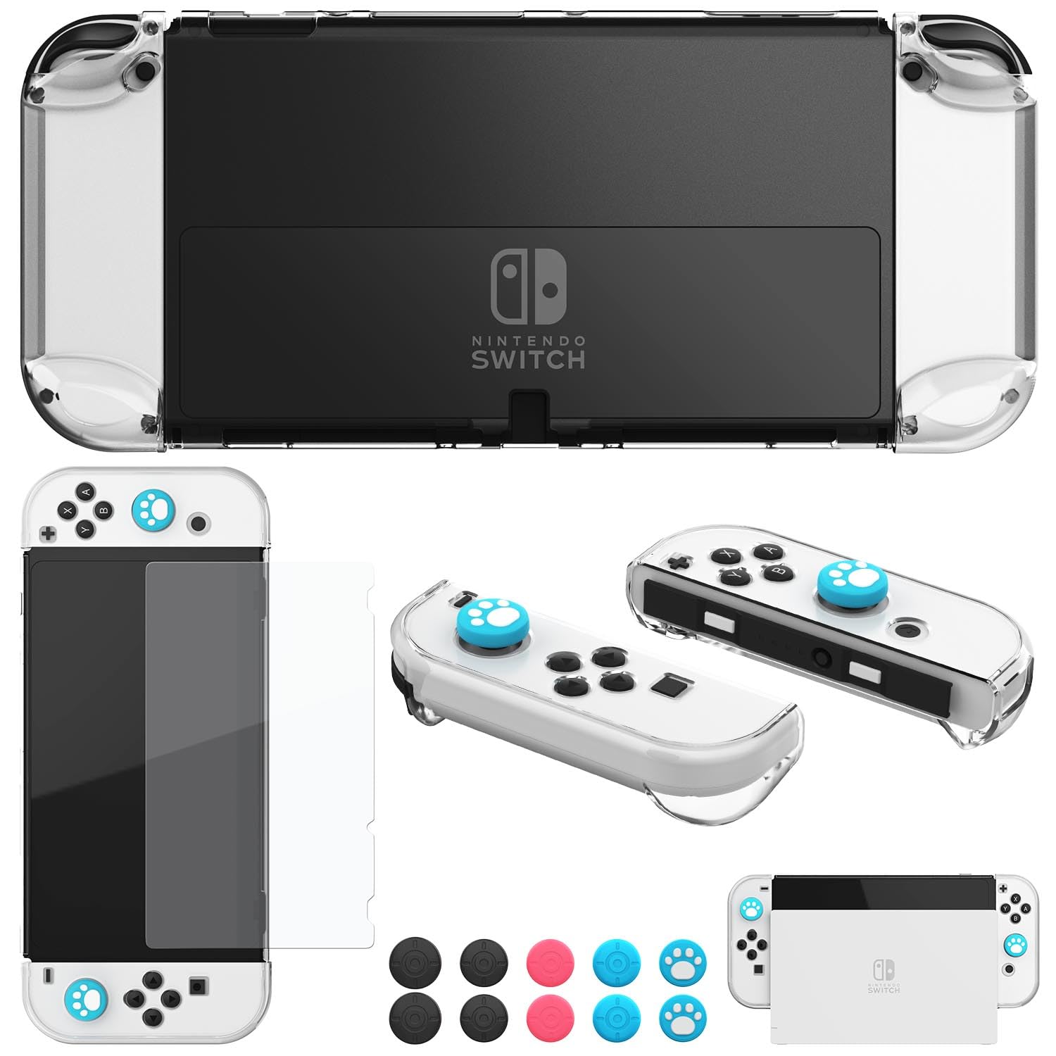 COMCOOL Dockable Case for Nintendo Switch OLED - [9 FT Military Grade Drop Protection] [with Tempered Glass Screen Protector] stone Protective Cover for Nintendo Switch OLED - Clear