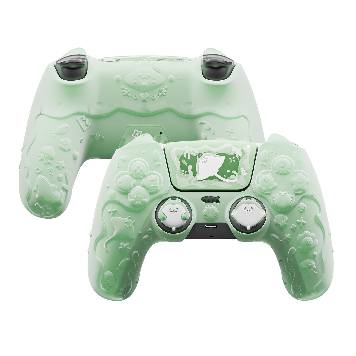 playvital for PS5 Controller Cover Skin - Cute Ocean Whisper Series Semi-Clear Silicone Case for PS5 Controller with Thumb Grip & Sticker  Charging Station Compatible  Full Protection - Pastel Green