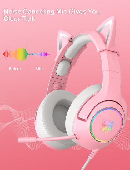 PHNIXGAM Cat Ear Gaming Headset, Wired Over-Ear with Microphone, Surround Sound, LED Light, Light Pink, Model K9