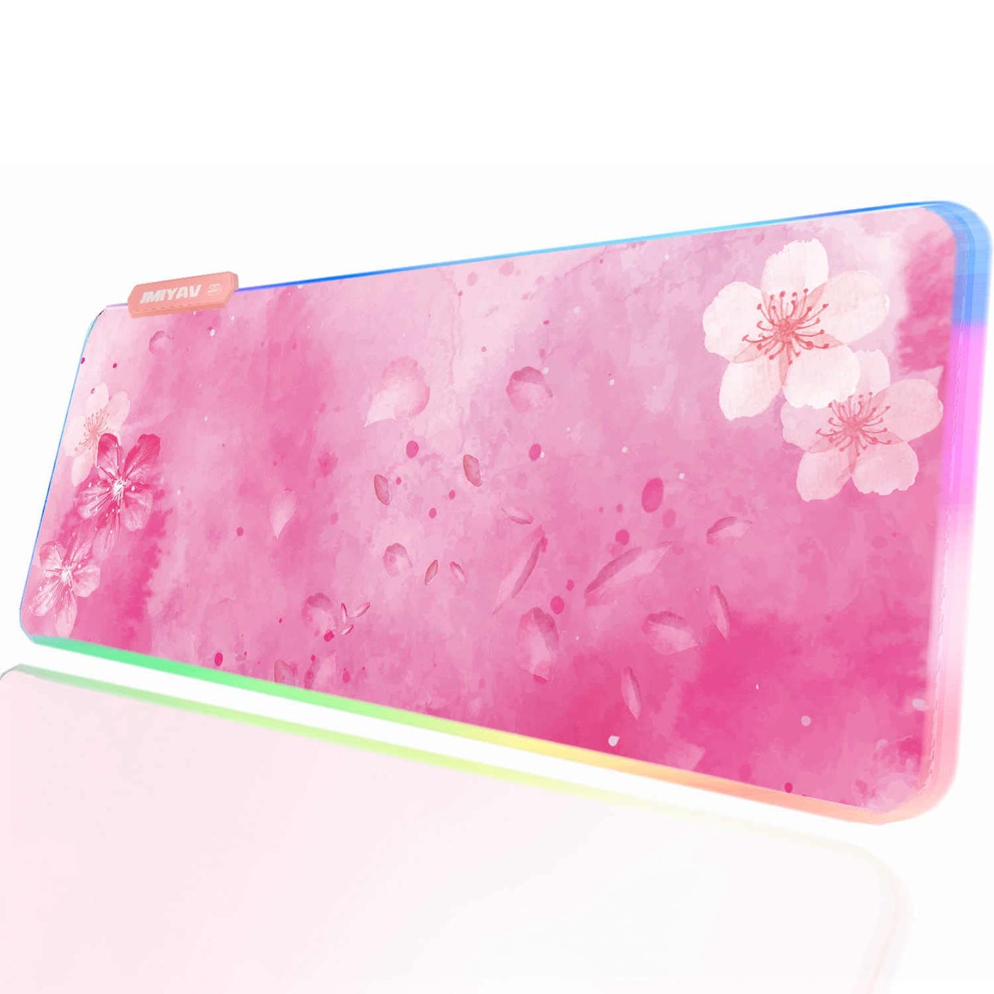JMIYAV RGB Cherry Blossom Gaming Mouse Pad, 31.5x12 Inch, Pink, XL Large, Non-Slip Rubber Base, Glowing LED Light Up
