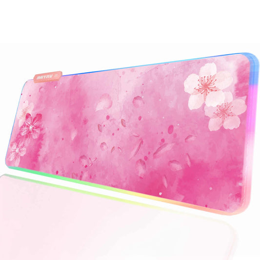 JMIYAV RGB Cherry Blossom Gaming Mouse Pad, 31.5x12 Inch, Pink, XL Large, Non-Slip Rubber Base, Glowing LED Light Up