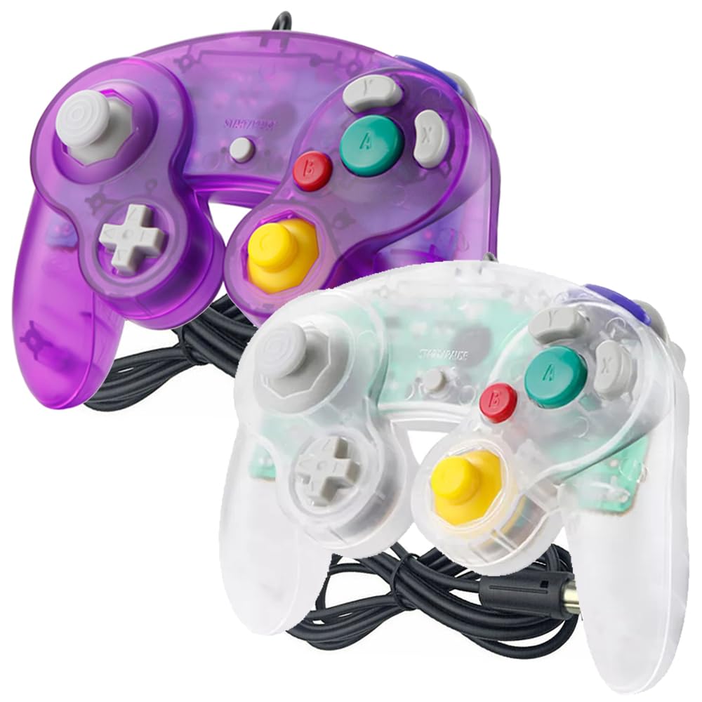 Reiso Gamecube Controller  2 Pack NGC Classic Wired Controller for Wii Game cube Console (Clear Purple and Clear White)