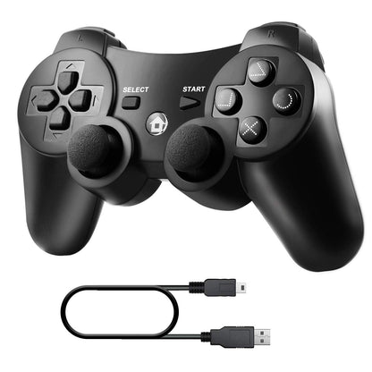Diswoe Wireless Bluetooth Controller for PS3 - Black Gamepad with Charger Cable, Double Vibration, Model ET15551