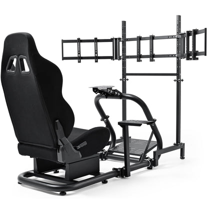 Dardoo Racing Simulator Cockpit with Triple Monitor Stand, Black Seat, Compatible with Logitech/Thrustmaster/Fanatec G29 G920 G923 T300RS