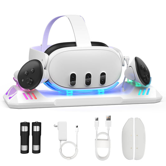 Charging Dock for Meta Quest 3S/Quest 3  Charging Station for Oculus Quest 3 VR Headset & Controllers  with 2 Rechargeable 2100mAh Batteries  USB-C Charger and Cable  Supports LED Indicator