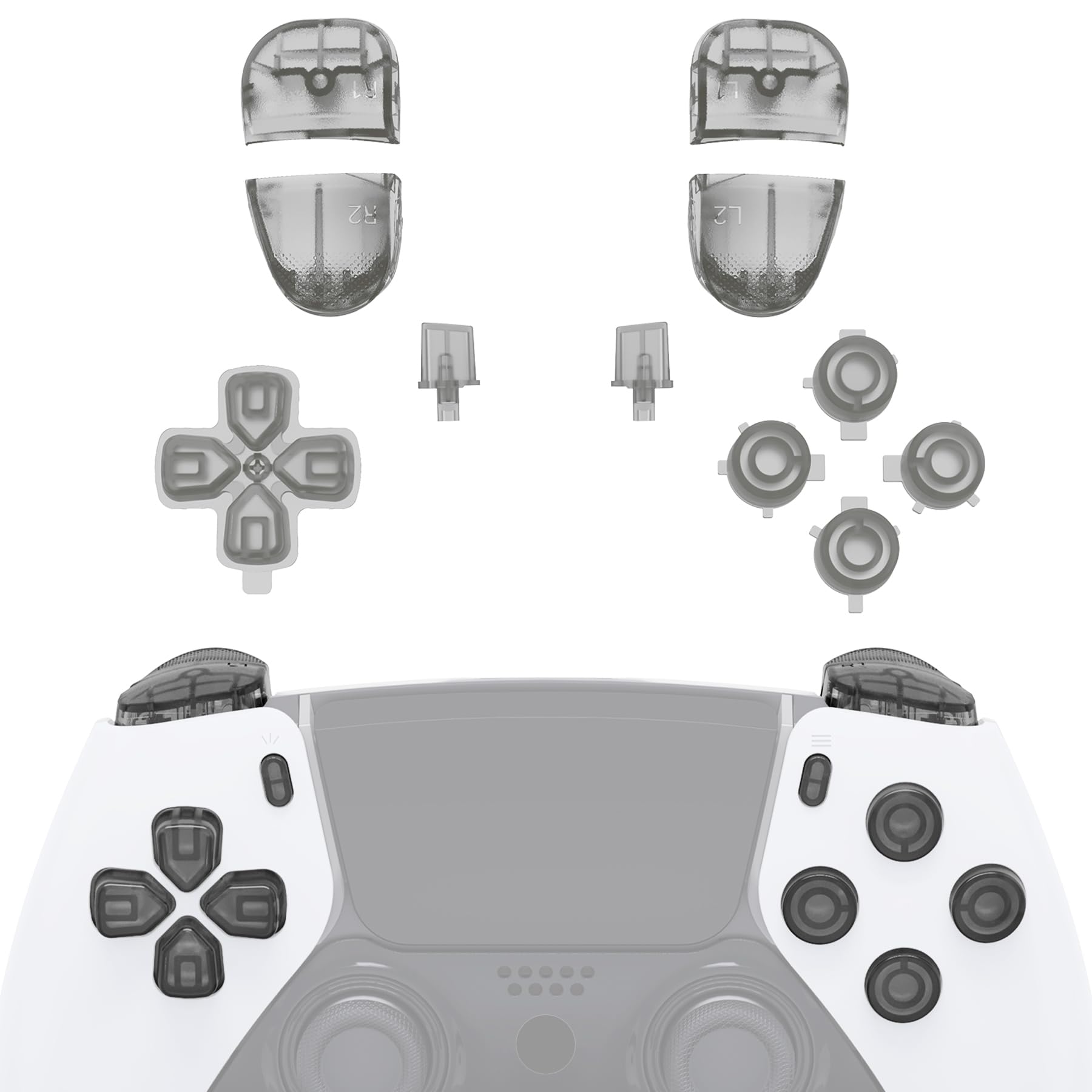 eXtremeRate Replacement Full Set Buttons Compatible with ps5 Edge Controller  Clear Black D-pad Share Options Home Face Buttons R1 L1 R2 L2 control buttons Compatible with ps5 Edge Controller