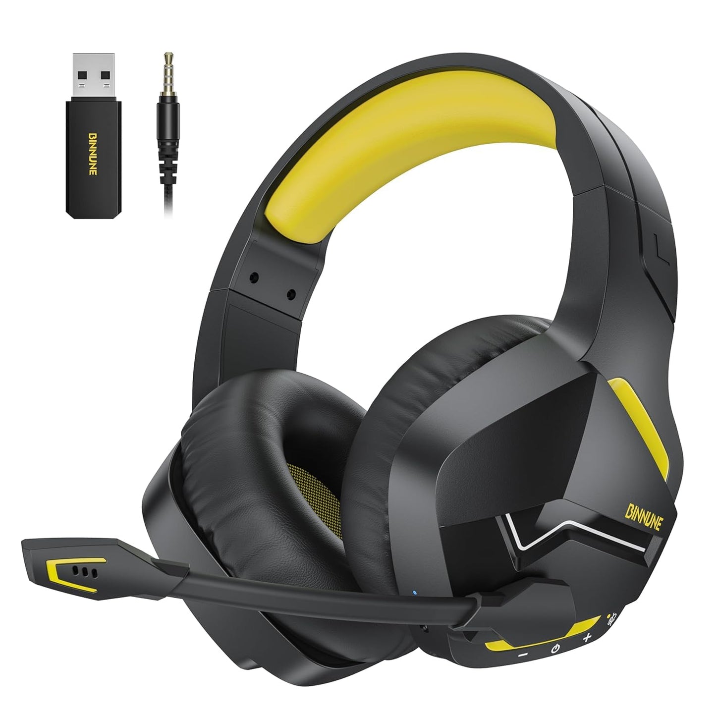 BINNUNE 2.4GHz Wireless Gaming Headset  Bluetooth 5.3 Gaming Headphones with Noise Canceling Mic  120H Ultra-Long Battery  50mm Drivers  Multi-Platform for PC / PS5 /PS4/ Switch/Mobile  Yellow