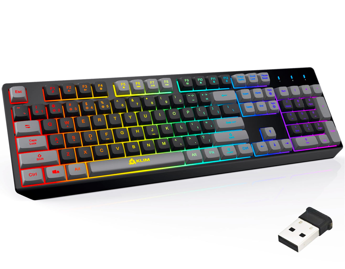 KLIM Chroma Wireless Gaming Keyboard RGB - Backlit Wireless Keyboard - Long-Lasting Rechargeable Battery - Quiet Water Resistant Ergonomic Keyboard - Teclado Gamer - PC PS5 PS4 Mac - Black/Gray