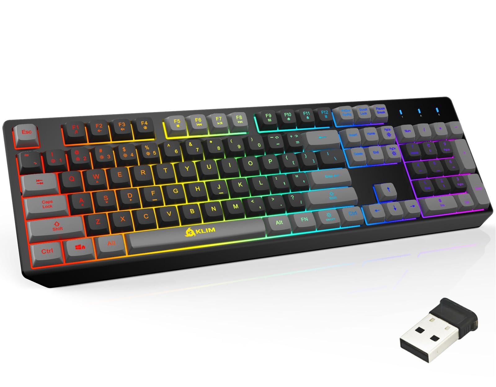 KLIM Chroma Wireless Gaming Keyboard RGB - Backlit Wireless Keyboard - Long-Lasting Rechargeable Battery - Quiet Water Resistant Ergonomic Keyboard - Teclado Gamer - PC PS5 PS4 Mac - Black/Gray