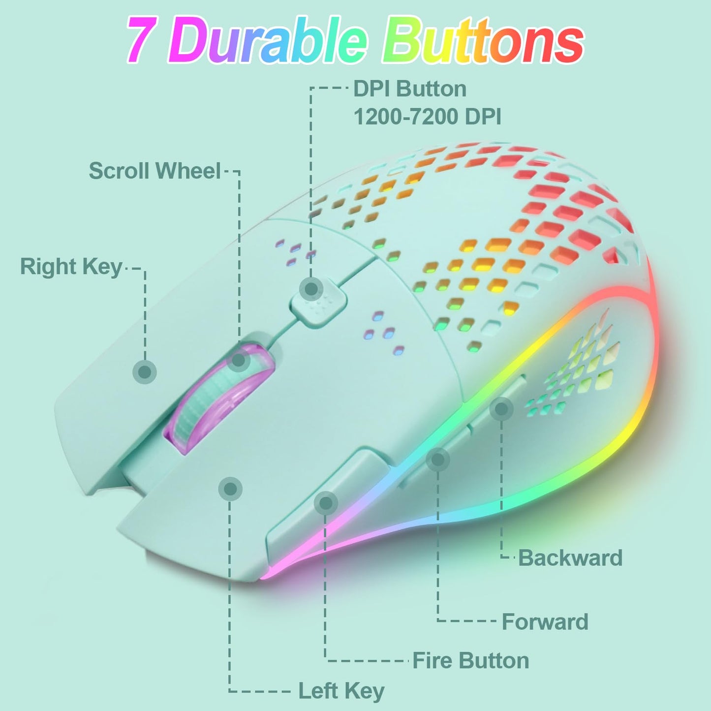 VEGCOO C30 Wireless Gaming Mouse - Silent Click, Rechargeable, Colorful LED, 3 Adjustable DPI, 400mAh Battery, C30BL