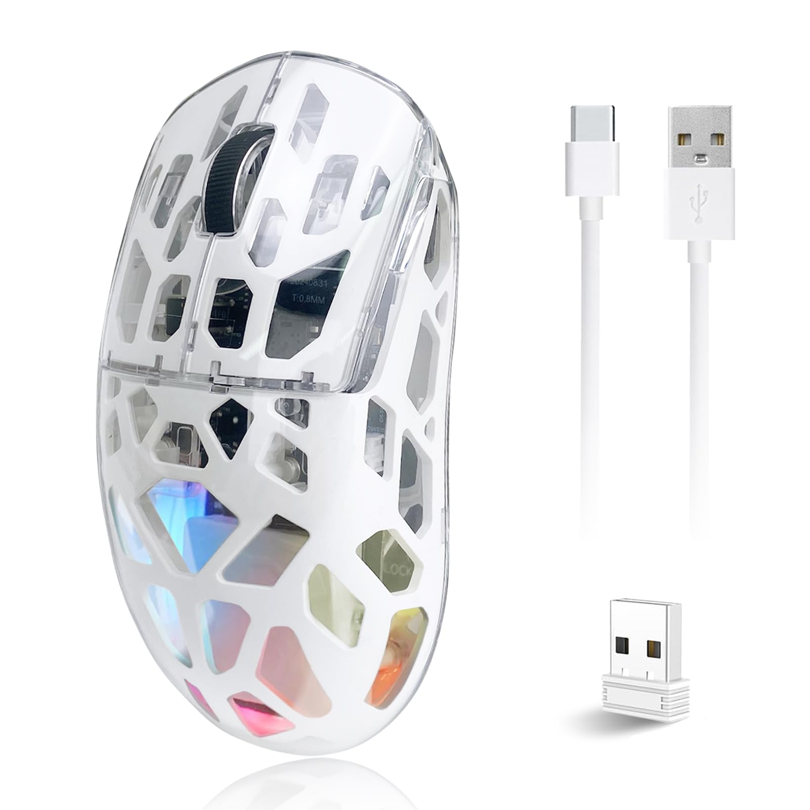 Attoe Gaming Mouse  Wired/Wireless Transparent RGB Mechanical Mouse  Ergonomic Gamer Computer Mice with 5 Adjustable DPI Up to 3600  83g Lightweight Mouse for Windows PC Mac (White)