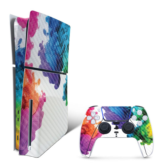 MightySkins Carbon Fiber Skin for PS5 PlayStation 5 Slim Disc Edition Bundle - Aqua Paint Protective  Durable Textured Carbon Fiber Finish Easy to Apply Made in The USA