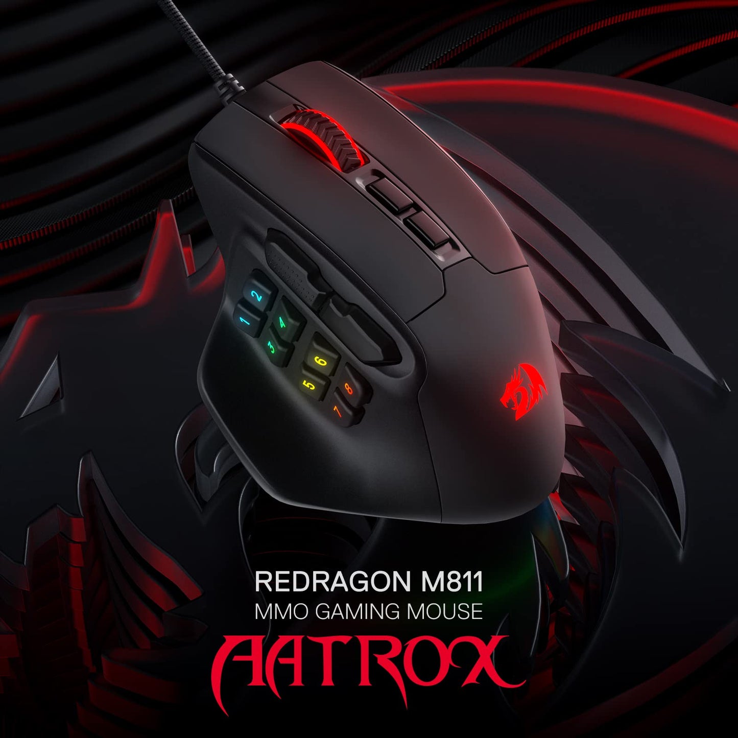 Redragon M811 Aatrox Wired MMO Gaming Mouse - 15 Programmable Buttons, Ergonomic Grip, RGB Backlit, Black