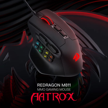 Redragon M811 Aatrox Wired MMO Gaming Mouse - 15 Programmable Buttons, Ergonomic Grip, RGB Backlit, Black
