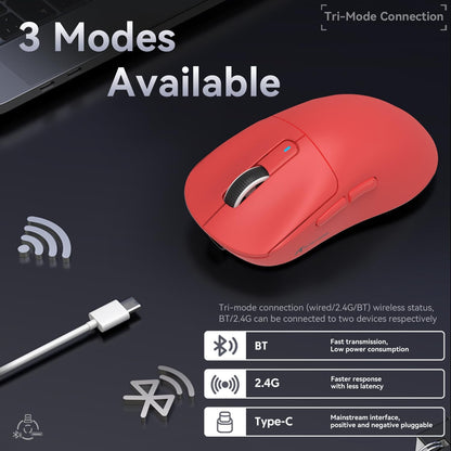 MAMBASNAKE Attack Shark X3 Wireless Gaming Mouse - 49g Ultralight, 26000 DPI, Bluetooth/2.4Ghz/Wired, Red