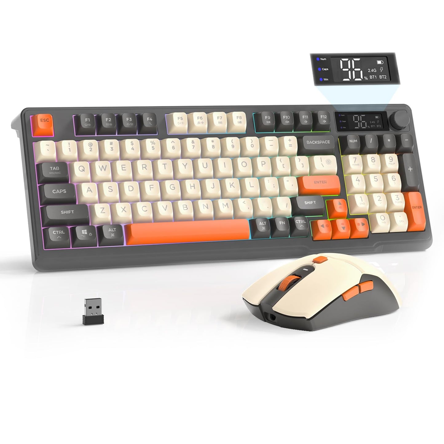 FREEWOLF T96 Smart Display Wireless Gaming Keyboard and Mouse Comb  94Key LED Lighting Rechargeable Silent Membrane Keyboard with Knobs  2000mAh Battery  6-Button 4KDPI Mouse for Win/Mac(Glimmer)