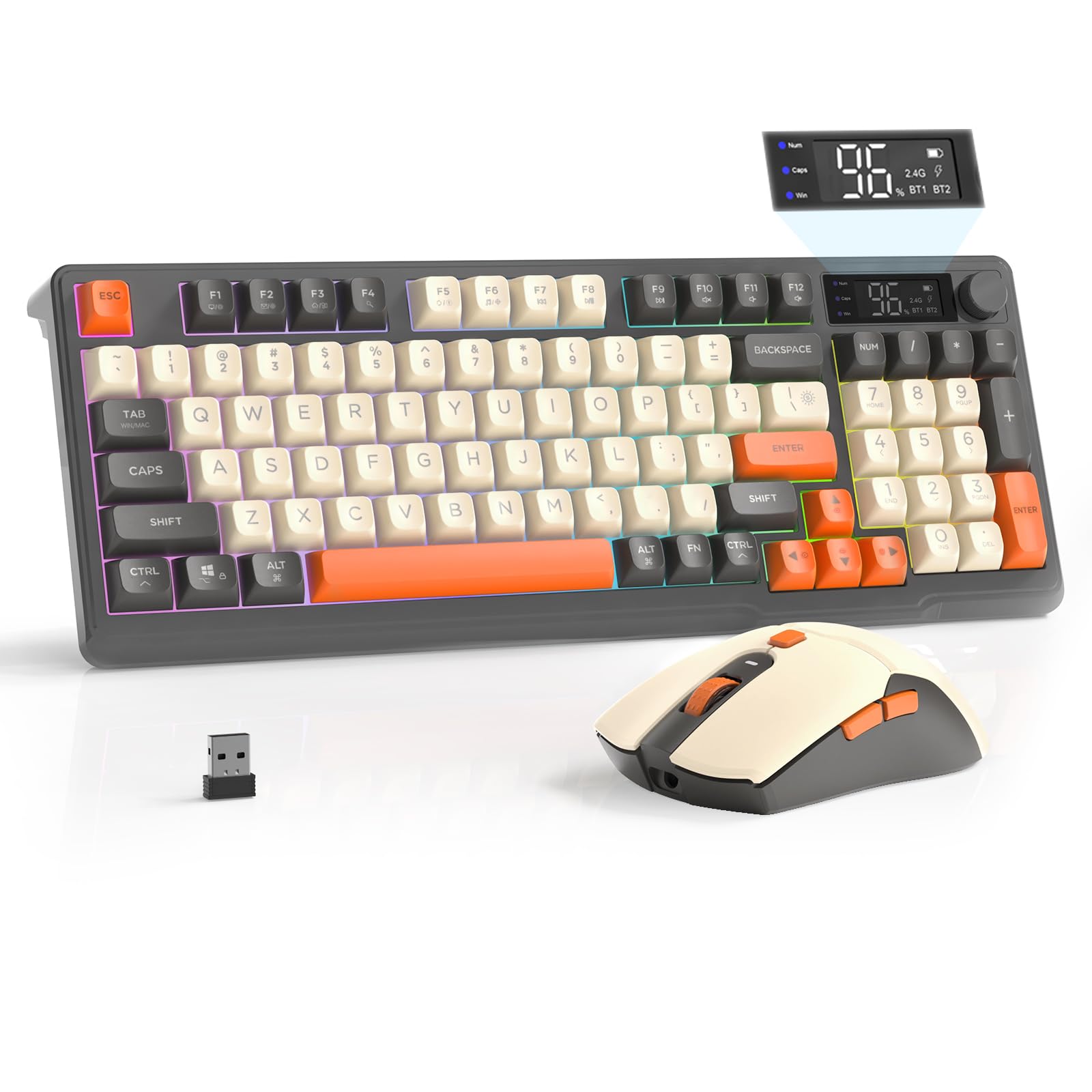 FREEWOLF T96 Smart Display Wireless Gaming Keyboard and Mouse Comb  94Key LED Lighting Rechargeable Silent Membrane Keyboard with Knobs  2000mAh Battery  6-Button 4KDPI Mouse for Win/Mac(Glimmer)
