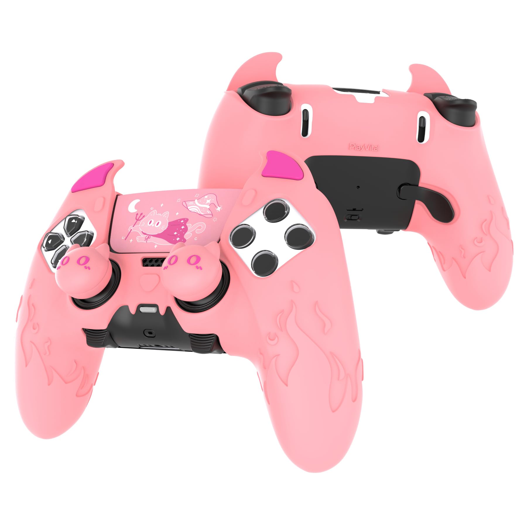 PlayVital for PS5 Edge Controller Skin | Demon Pink Silicone Cover with Touchpad Sticker & Thumb Grip Caps | Cute Protecter Case Accessories