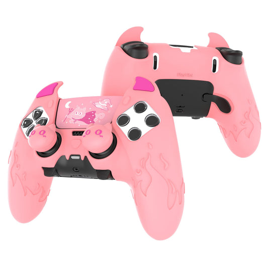 PlayVital for PS5 Edge Controller Skin | Demon Pink Silicone Cover with Touchpad Sticker & Thumb Grip Caps | Cute Protecter Case Accessories