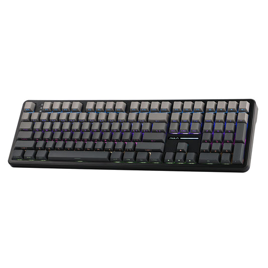 Ematerial nameAKER Aula F108 Wireless Gaming Keyboard  Full Size Mechanical Keyboard with 4000mAh Battery  108 Hot-Swappable and Programmable Keys  RGB Backlight  for Mac/PC/Android (Black Gradient)