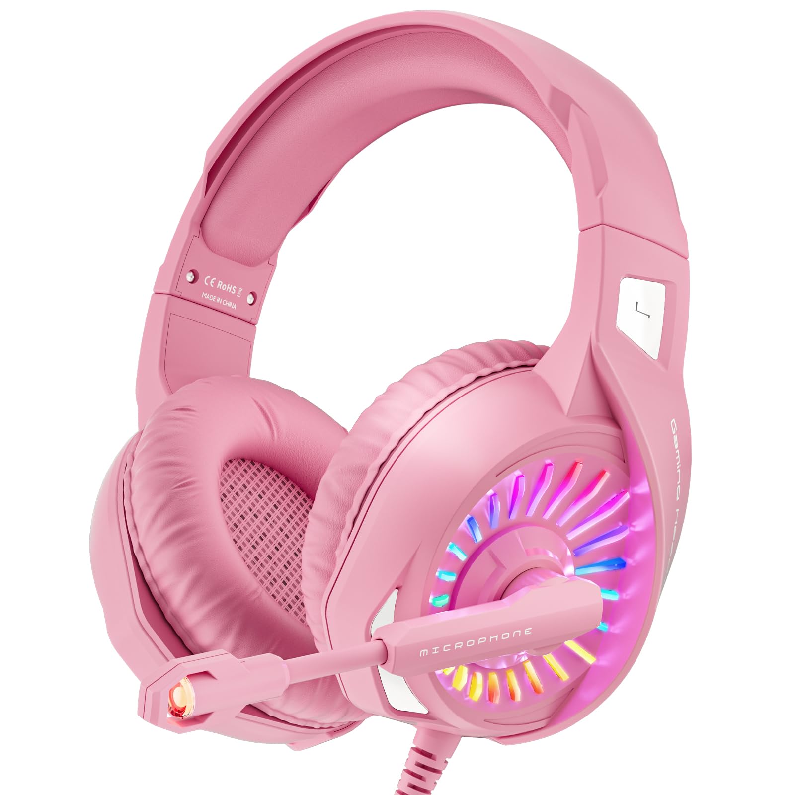 ZIUMIER Z20 Pink Gaming Headset with Microphone  Compatible with PS4 PS5 Xbox One PC Laptop  Over-Ear Headphones with LED RGB Light  Noise Canceling Mic  Stereo Surround Sound (Pink)