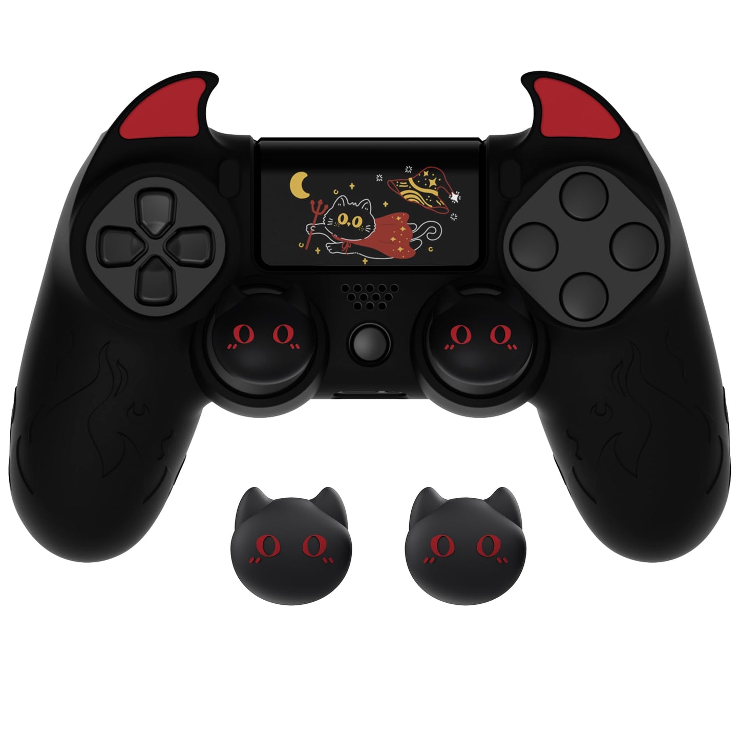 PlayVital PS4 Cute Demon Controller Skin - Black Silicone Grip Cover with Thumb Grips & Stickers for PS4 Slim/Pro, Model BRJP4P001