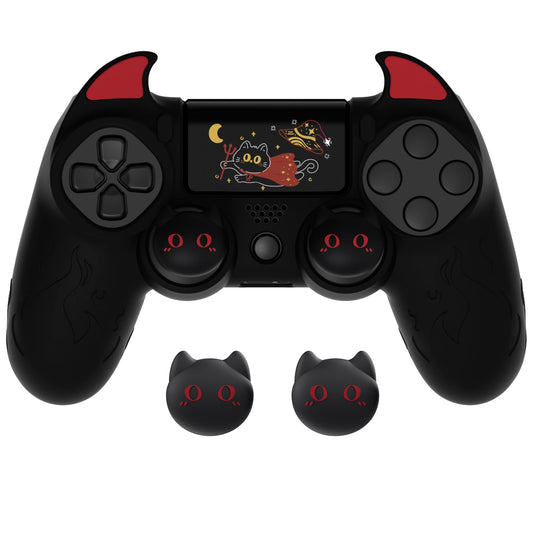 PlayVital PS4 Cute Demon Controller Skin - Black Silicone Grip Cover with Thumb Grips & Stickers for PS4 Slim/Pro, Model BRJP4P001