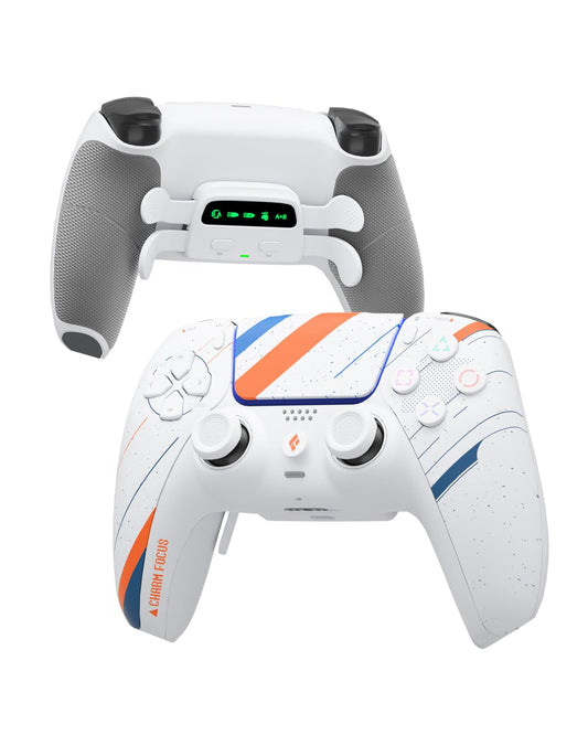 CHARM FOCUS PS5 Controller with 4 Remappable Paddles, Anti-Drift Joysticks, 2100mAh Battery, Ergonomic Grip, White, Model CF-M502
