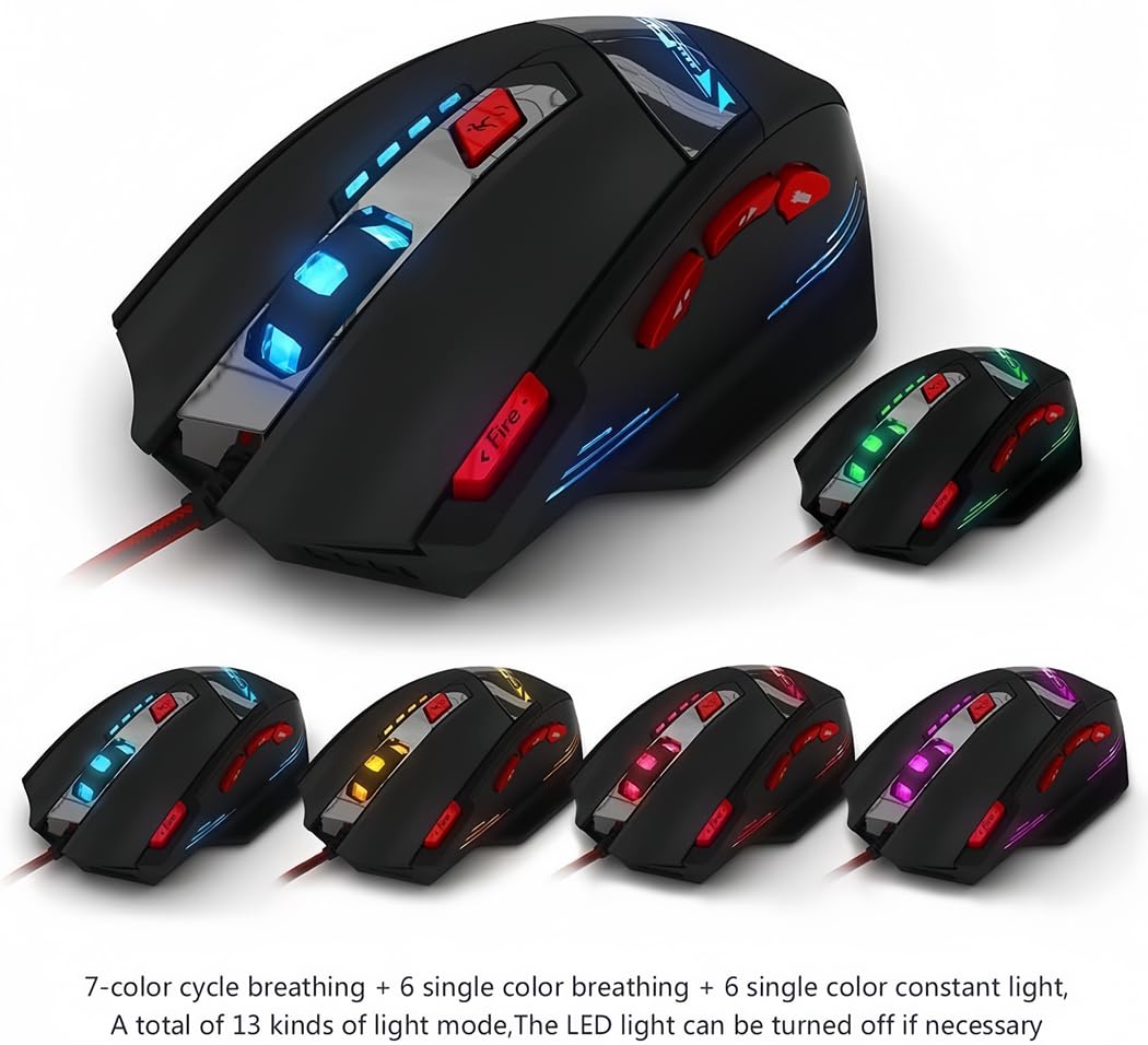 Zelotes T90 Gaming Mouse - 9200 DPI, 8 Programmable Buttons, LED Lights, Black
