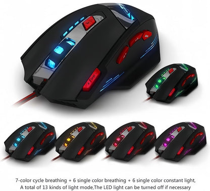 Zelotes T90 Gaming Mouse - 9200 DPI, 8 Programmable Buttons, LED Lights, Black